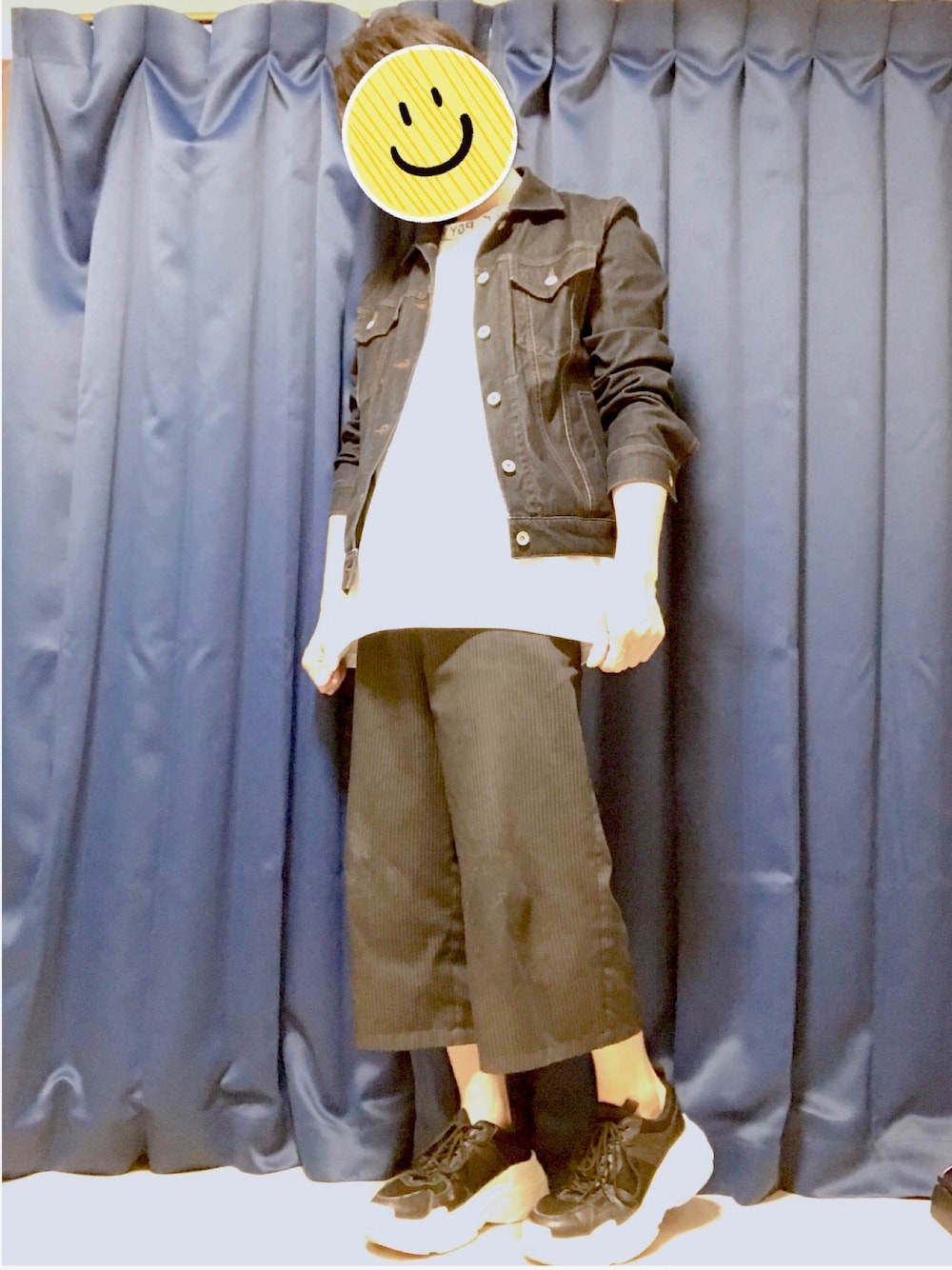 「ビッグシルエット、シンプル、スニーカー、Gジャン、purple&yellow、ガウチョパンツ」｜「Purple&YellowのワンダーシェイプデニムＧジャン（デニムジャケット、ブルー系）」を使った、PYON.さん（メンズ・165cm）の春コーディネートの1枚目の写真