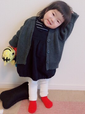 「Moujonjon（ムージョンジョン）のアイテム（レッグウェア）」を使った、momo♡さん（キッズ・80cm）の冬コーディネート