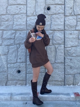 「GRL」｜「アイテム（ニットキャップ/ビーニー）」を使った、なつさん（レディース・166cm）の冬コーディネート