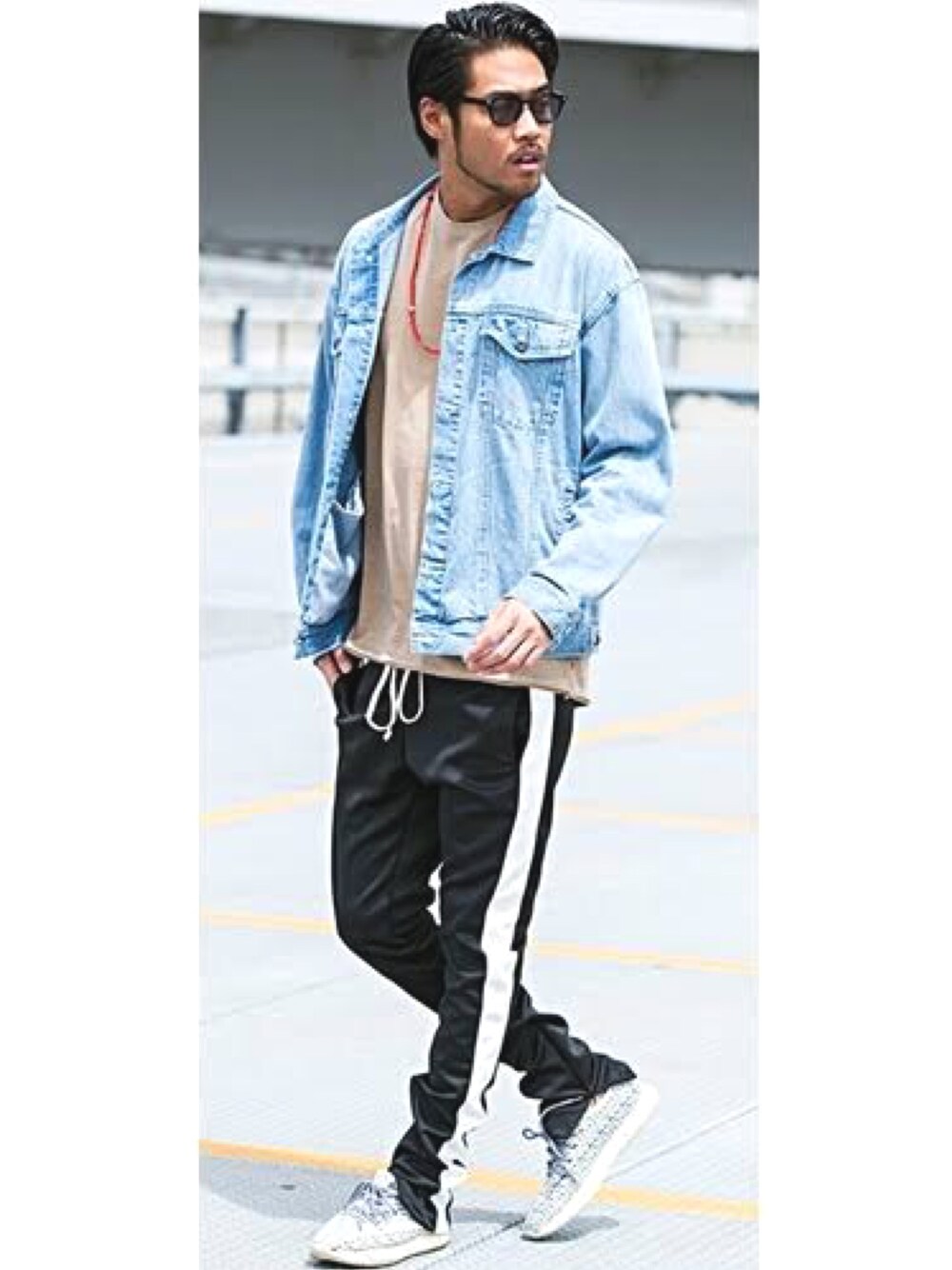 「おしゃれさんと繋がりたい、しまむら、グッチ」｜「しまむらのアイテム（デニムジャケット、ブルー系）」を使った、shoumizutaniさん（メンズ・194cm）の夏コーディネートの1枚目の写真