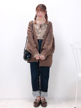 「Chaco closet（チャコ クローゼット）のケーブル編みニットボリュームスリーブルーズカーディガン（カーディガン/ボレロ）」を使った、ayachan❀さん（レディース・150cm）の冬コーディネート