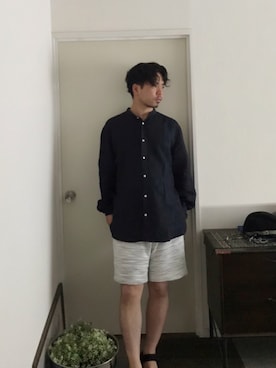 「H&M（エイチ・アンド・エム）のH&M - リネングランドファーザーシャツ - ブラック（シャツ/ブラウス、ブラック系）」を使った、soさん（メンズ・168cm）の夏コーディネート