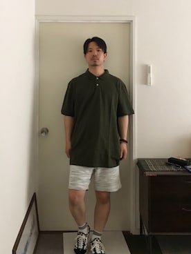 「H&M（エイチ・アンド・エム）のアイテム（ポロシャツ、グリーン系）」を使った、soさん（メンズ・168cm）の夏コーディネート