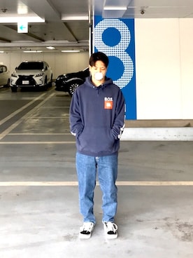 「usedのアイテム（パーカー、ブルー系）」を使った、soさん（メンズ・168cm）の春コーディネート