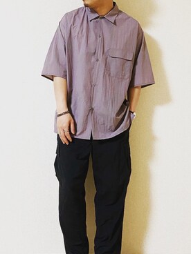 「GLOBAL WORK（グローバルワーク）のエアスルーシャツ/878111（シャツ/ブラウス、パープル系）」を使った、JunK297さん（メンズ・173cm）の夏コーディネート