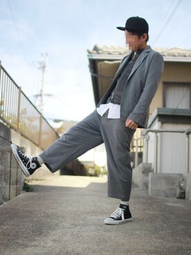 「ノーカラーシャツ」｜「アイテム（ライダースジャケット）」を使った、量産型じゃもじさん（メンズ・170cm）の春コーディネート