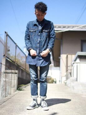 「ノーカラーシャツ」｜「アイテム（デニムジャケット）」を使った、量産型じゃもじさん（メンズ・170cm）の春コーディネート