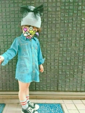 「Wrangler（ラングラー）のアイテム（シャツワンピース、ブルー系）」を使った、a_u_chan☆さん（キッズ・100cm）の秋コーディネート