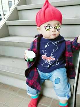 「UNIQLO（ユニクロ）のアイテム（Tシャツ/カットソー、ブルー系）」を使った、a_u_chan☆さん（キッズ・100cm）の秋コーディネート