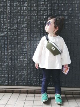 「KOREAのアイテム（ボディバッグ/ウエストポーチ、グリーン系）」を使った、a_u_chan☆さん（キッズ・100cm）の春コーディネート