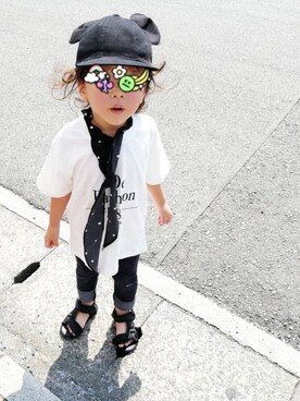 「kankokutimeのアイテム（Tシャツ/カットソー、ホワイト系）」を使った、a_u_chan☆さん（キッズ・100cm）の夏コーディネート