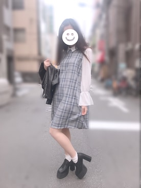「チェックワンピース」｜「アイテム（ライダースジャケット）」を使った、juri♡さん（レディース・158cm）の春コーディネート