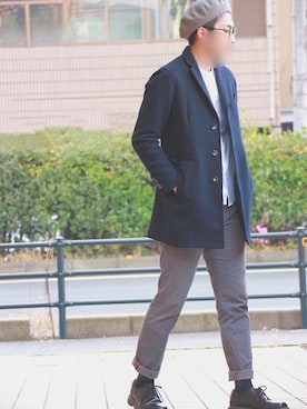 「ノーカラーシャツ」｜「アイテム（チェスターコート）」を使った、kasiさん（メンズ・183cm）の冬コーディネート
