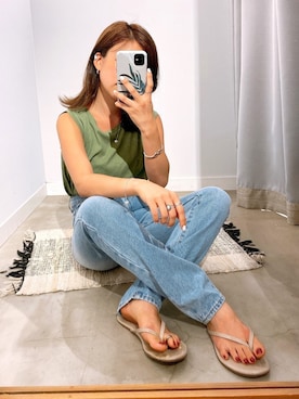 「Auntie Rosa Holiday（アンティローザホリデー）の【Holiday】リネンスラブノースリトップ（Tシャツ/カットソー）」を使った、ちーかまさん（レディース・151cm）の夏コーディネート