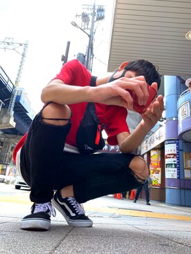 「BEN DAVIS（ベンデイビス）のアイテム（Tシャツ/カットソー、レッド系）」を使った、大輝さん（メンズ・176cm）の夏コーディネート