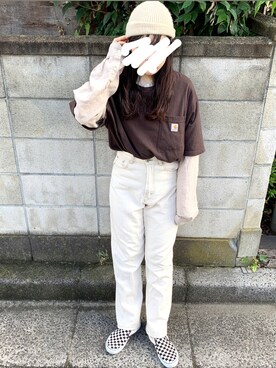 「Carhartt（カーハート）のcarhartt/カーハート ワンポイント ビッグシルエットポケットTシャツ（Tシャツ/カットソー）」を使った、hさん（レディース・155cm）の秋コーディネート