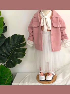 「加绒毛衣开衫のアイテム（ニット/セーター、ピンク系）」を使った、初初初小初さん（レディース）の秋コーディネート