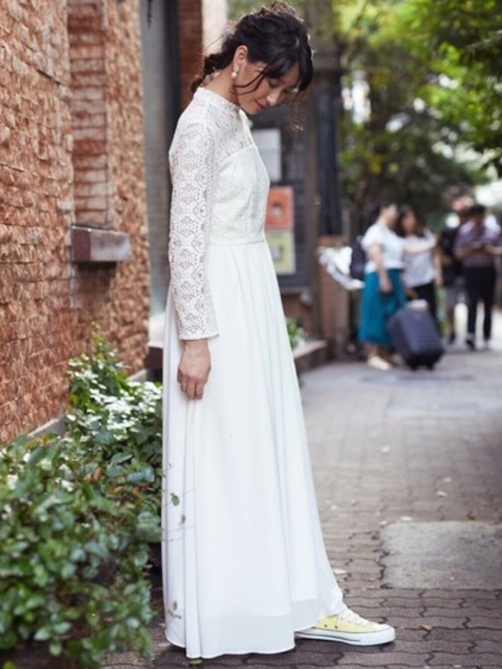 「シンプル、ホワイト、結婚式、ドレス、ootd、結婚式二次会スタイル、ウエディングドレス、花嫁、ガーデンウェディング、レストランウェディング」｜「kaeneのkaene/ボトルネック　レース切り替えロングウェディグドレス（ドレス、ホワイト系）」を使った、formformaSTAFFさん（レディース・165cm）の夏コーディネートの1枚目の写真