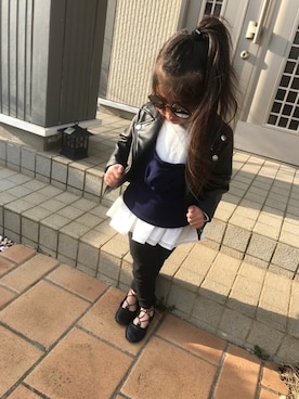 「petit main（プティマイン）のアイテム（ライダースジャケット）」を使った、Rian❥さん（キッズ・90cm）の春コーディネート