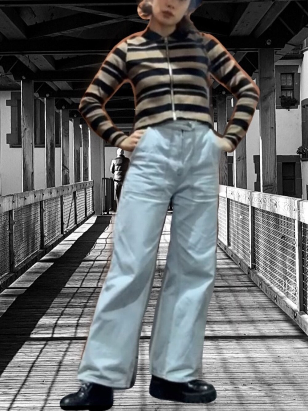 「秋冬コーデ、ブーツスタイル、Xgirl_ootd、x-girl、年末WEAR感謝祭」｜「X-girlのSTRIPED ZIP UP L/S TOP（Tシャツ/カットソー、ベージュ系）」を使った、s a n a 🌷さん（レディース・159cm）の冬コーディネートの1枚目の写真