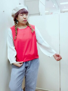 「Rccat（アールシーキャット）のアイテム（帽子）」を使った、紅い実穂波店 Rccatさん（レディース・153cm）の春コーディネート