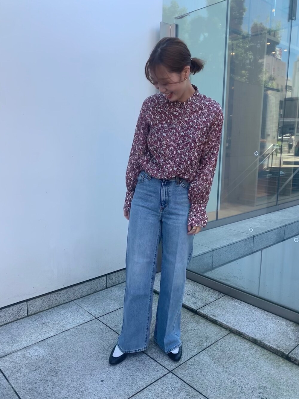 「ペイズリー、秋コーデ、ootd」｜「NOMBRE IMPAIRのペイズリープリント スタンドネックブラウス（シャツ/ブラウス、ブルー系）」を使った、sawa.さん（レディース・158cm）の夏コーディネートの1枚目の写真