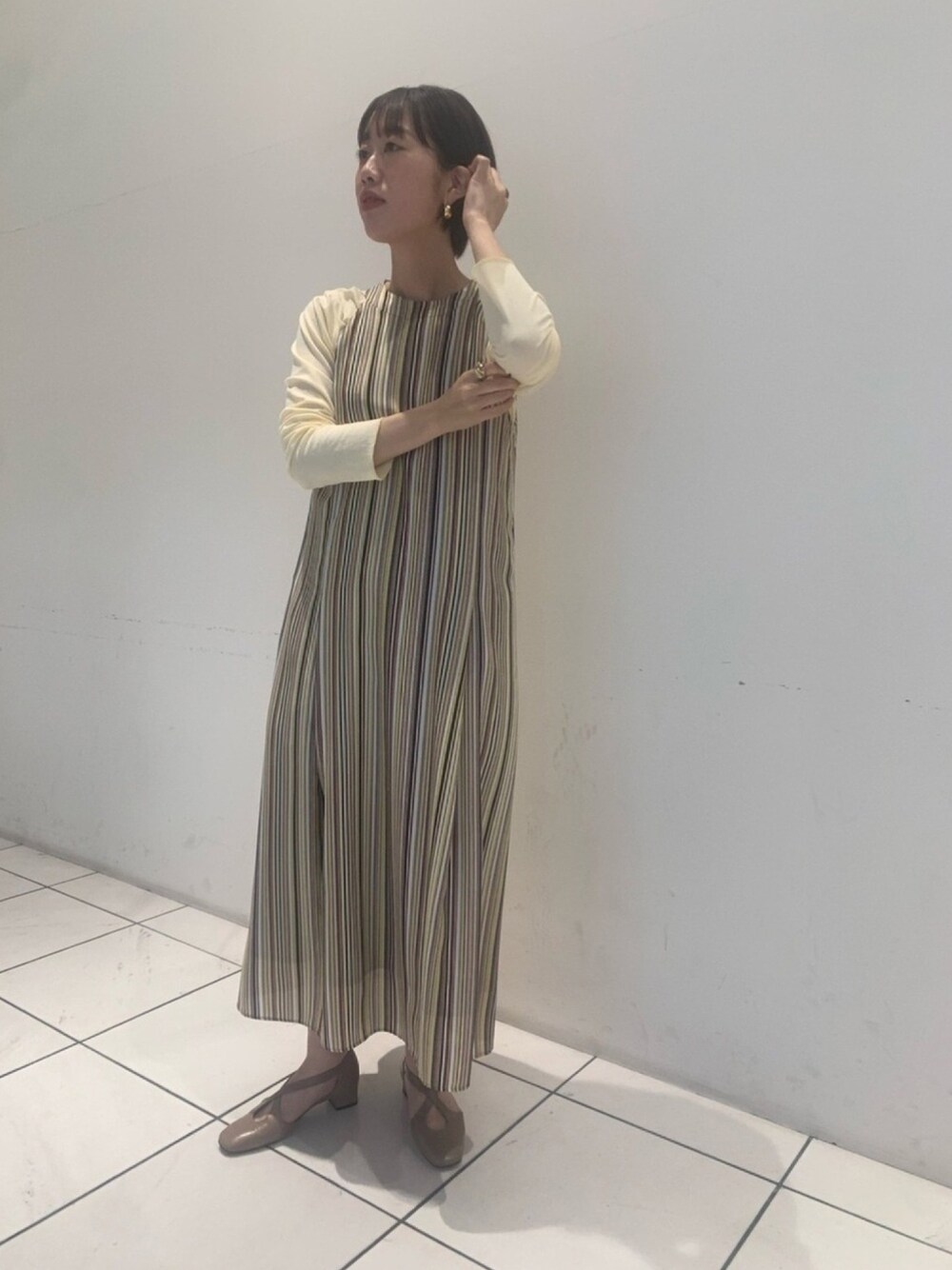 「春コーデ、ワントーンコーデ、ワンピース、ストライプ、春色、ootd」｜「FIL DE FERのDEPEND天竺　長袖カットソー（Tシャツ/カットソー、イエロー系）」を使った、sawa.さん（レディース・160cm）の春コーディネートの1枚目の写真