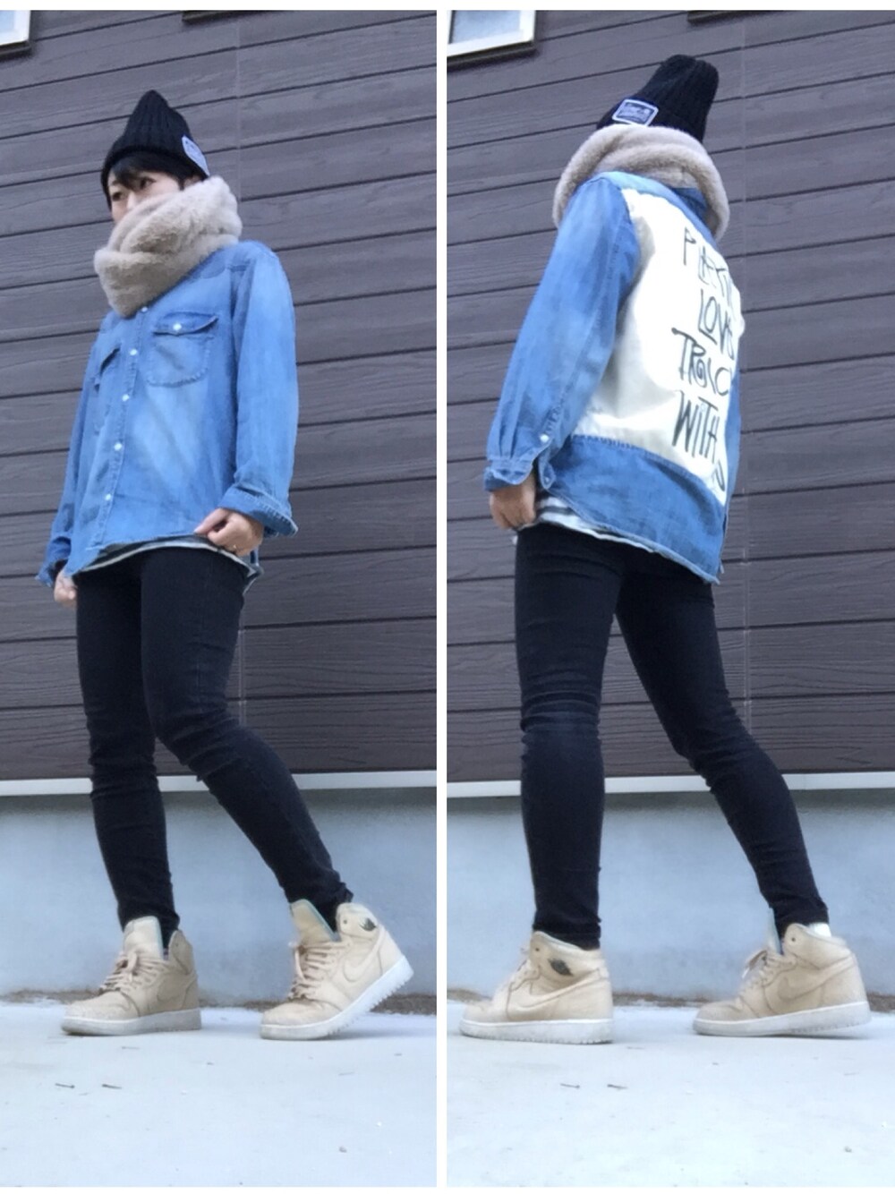 「ドラフトナイキ、NIKE、エアジョーダン、デニムシャツ、黒スキニー、ZARA、しまむら、SLY、stussy、G-SHOCK、ナイキ」｜「NIKEのアイテム（スニーカー、ベージュ系）」を使った、キウイ🥝さん（レディース・156cm）の冬コーディネートの1枚目の写真