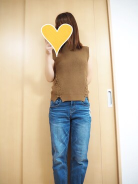 「しまむら（シマムラ）のアイテム（ニット/セーター、ブラウン系）」を使った、riri(*^^*)さん（レディース）の秋コーディネート