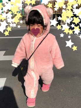 「西松屋（ニシマツヤ）のアイテム（オールインワン・サロペット、ピンク系）」を使った、riri(*^^*)さん（レディース）の冬コーディネート