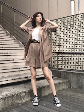 「MURUA（ムルーア）のアイテム（テーラードジャケット）」を使った、高村楓さん（レディース・161cm）の春コーディネート