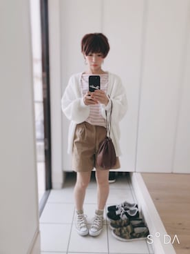 「coca（coca）（コカ）の【WEB限定セール】＼WEB限定新色／ボーダーボートネックトップス/オーガニックコットン混（Tシャツ/カットソー）」を使った、みのはさん（レディース・155cm）の春コーディネート