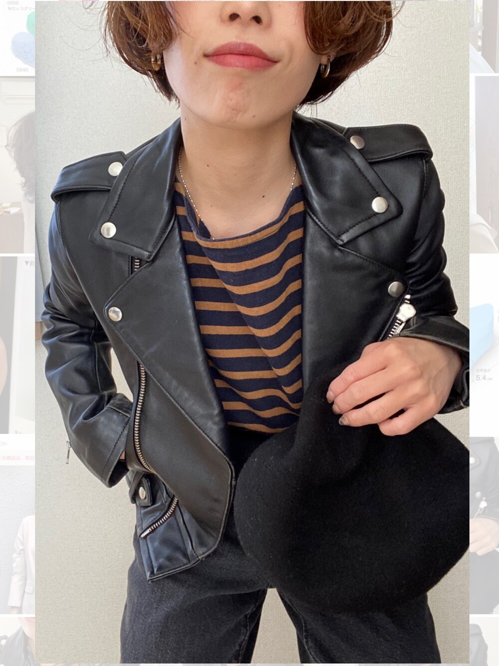 「カジュアルコーデ、低身長、ブラック、ボーダー、ライダース、GU、ブラックコーデ、ベレー帽、ハイウエスト、黒デニム」｜「TODAYFULのレザーライダースジャケット（ライダースジャケット、ブラック系）」を使った、𝙻𝚒.☺︎✓さん（レディース・149cm）の春コーディネートの1枚目の写真