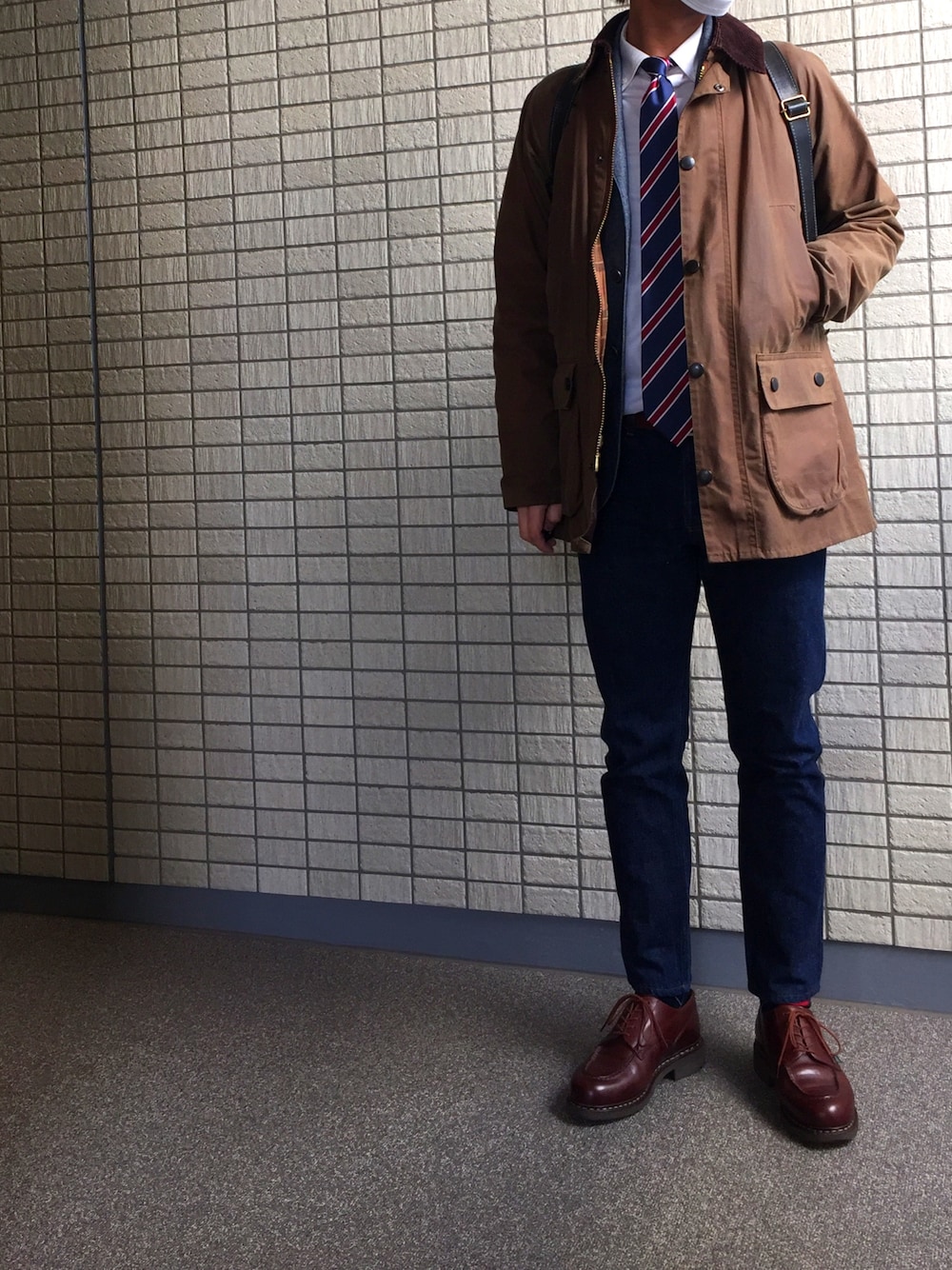 「APC、アーペーセー、バブアー、barbour、ネクタイ、タイドアップ、パラブーツ、Paraboot」｜「BarbourのBarbour /  BEDALE SL ブラウン（ブルゾン、ブラウン系）」を使った、gruffunaさん（メンズ・168cm）の春コーディネートの1枚目の写真