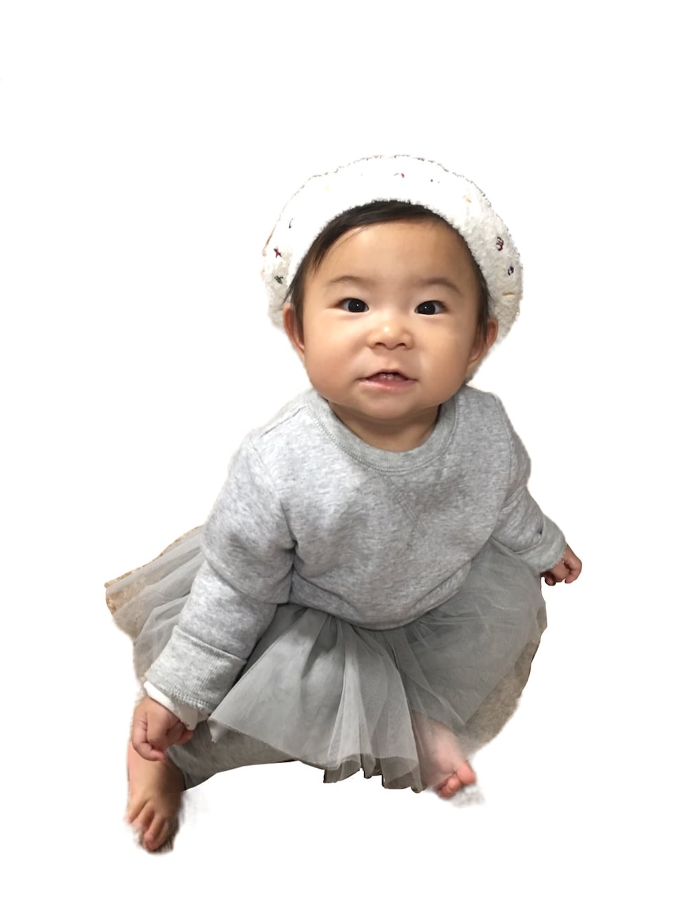 「ｼﾞｪﾗｰﾄﾋﾟｹ、gelato pique、babygap、西松屋、ベレー帽」｜「gelato piqueのkids ベレー帽（ハンチング/ベレー帽、ホワイト系）」を使った、HINAさん（キッズ・70cm）の秋コーディネートの1枚目の写真
