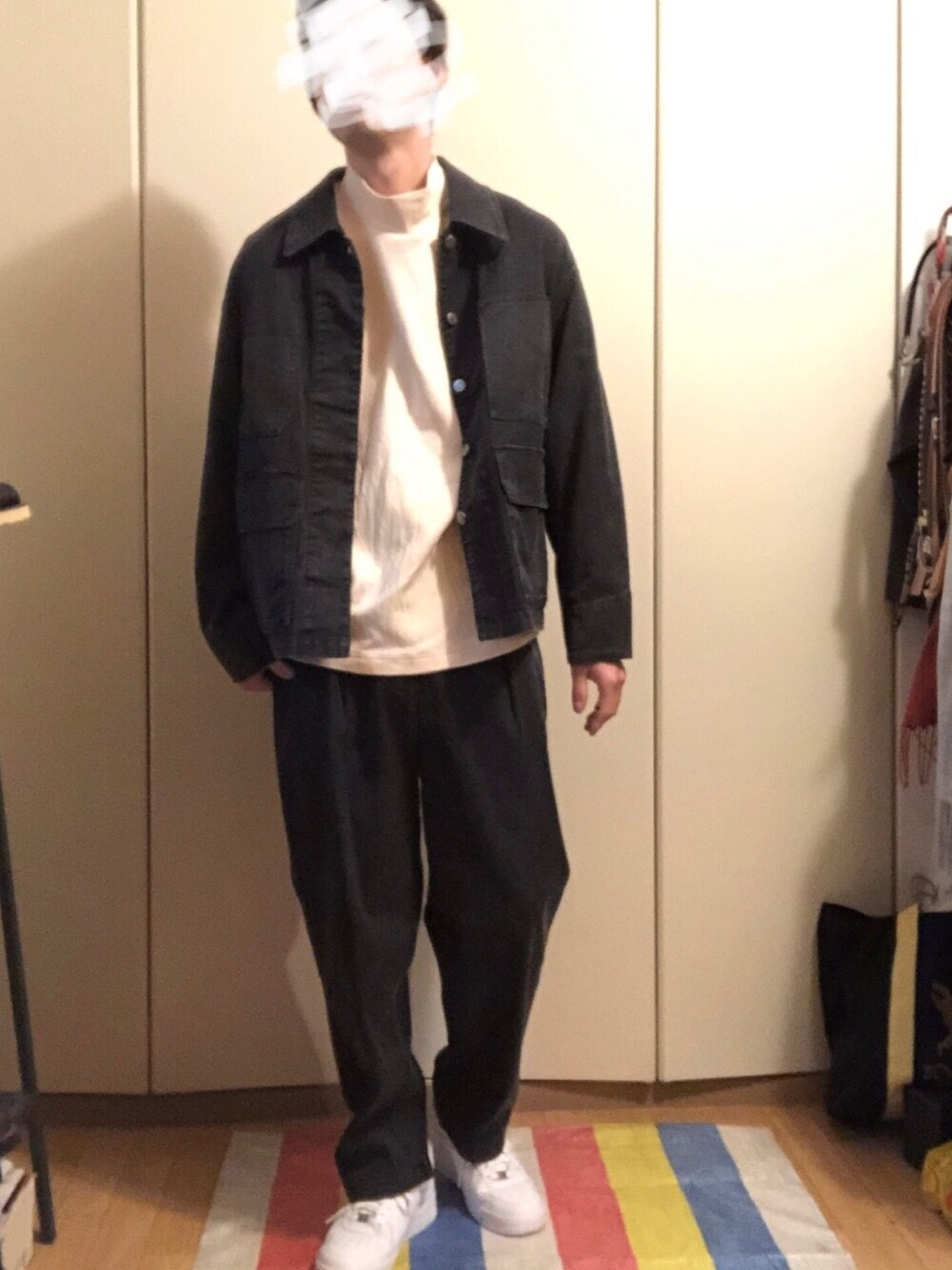 「セットアップ、ブラック、ブルゾン、お洒落さんとつながりたい、いいね、save、フォローお願いします🤑、モックネック、WYM、LIDnM」｜「WYM LIDNMの【WYM LIDNM】EURO RAYON WORK WIDE BLOUSON（ブルゾン、ブラック系）」を使った、yu_さん（メンズ・174cm）の冬コーディネートの1枚目の写真