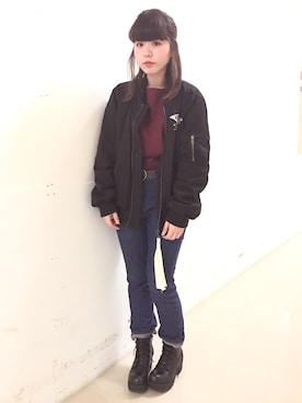 「ワインレッド」｜「アイテム（MA-1）」を使った、natsumi  パーソナルカラーさん（レディース・155cm）の冬コーディネート