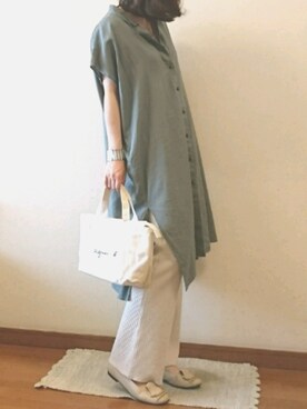 「UNIQLO（ユニクロ）のリネンブレンドロングシャツ（半袖）（シャツ/ブラウス）」を使った、a.y.aさん（レディース・162cm）の春コーディネート