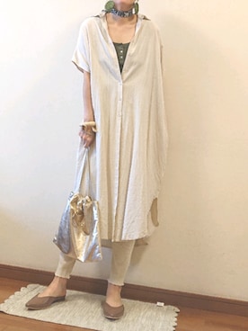 「レギンス」｜「アイテム（シャツワンピース、ベージュ系）」を使った、a.y.aさん（レディース・162cm）の夏コーディネート