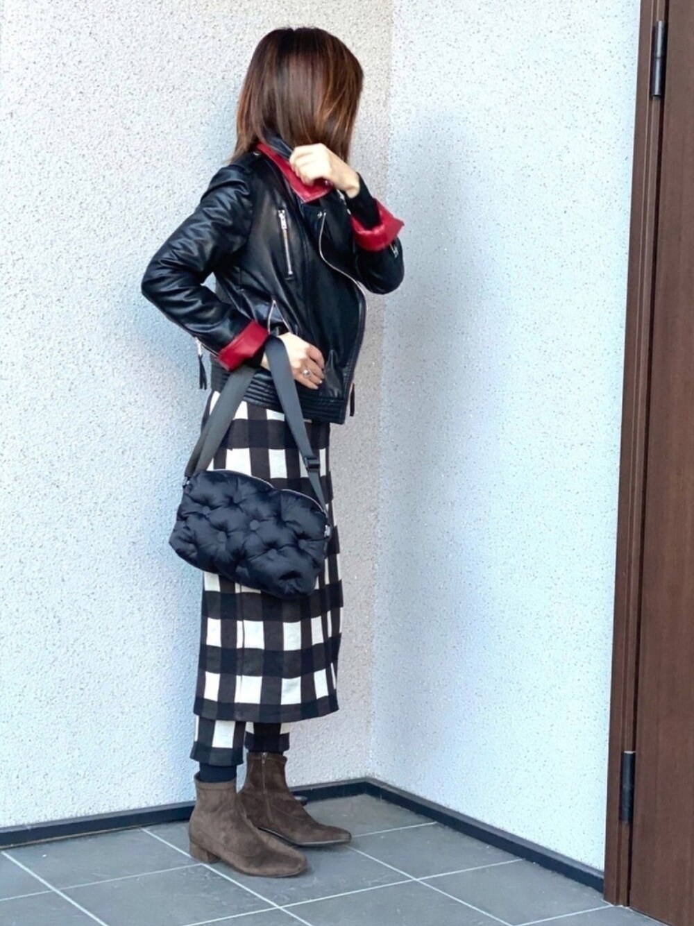 「オトナカジュアル、今日のコーデ、ライダース、ロック、おしゃれさんと繋がりたい」｜「DOUBLE STANDARD CLOTHINGのアイテム（ライダースジャケット、ブラック系）」を使った、haruさん（レディース・159cm）の冬コーディネートの1枚目の写真