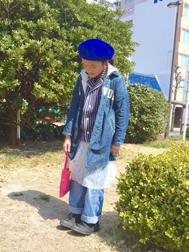 「ミナペルホネン」｜「アイテム（デニムジャケット）」を使った、あやねこさん（キッズ・132cm）の春コーディネート