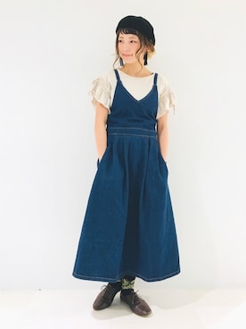 「袖フリル」｜「アイテム（ハンチング/ベレー帽）」を使った、asukaさん（レディース・157cm）の春コーディネート
