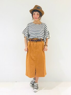 「Crisp（クリスプ）の丸バックルレザーベルト（ベルト）」を使った、asukaさん（レディース・157cm）の夏コーディネート