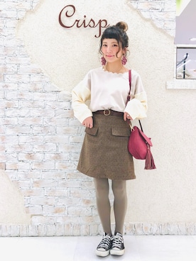 「Crisp（クリスプ）の丸バックルレザーベルト（ベルト）」を使った、asukaさん（レディース・157cm）の秋コーディネート
