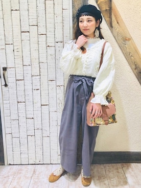 「レースブラウス」｜「アイテム（ハンチング/ベレー帽）」を使った、asukaさん（レディース・157cm）の冬コーディネート