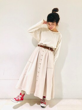 「Crisp（クリスプ）の丸バックルレザーベルト（ベルト）」を使った、asukaさん（レディース・157cm）の冬コーディネート