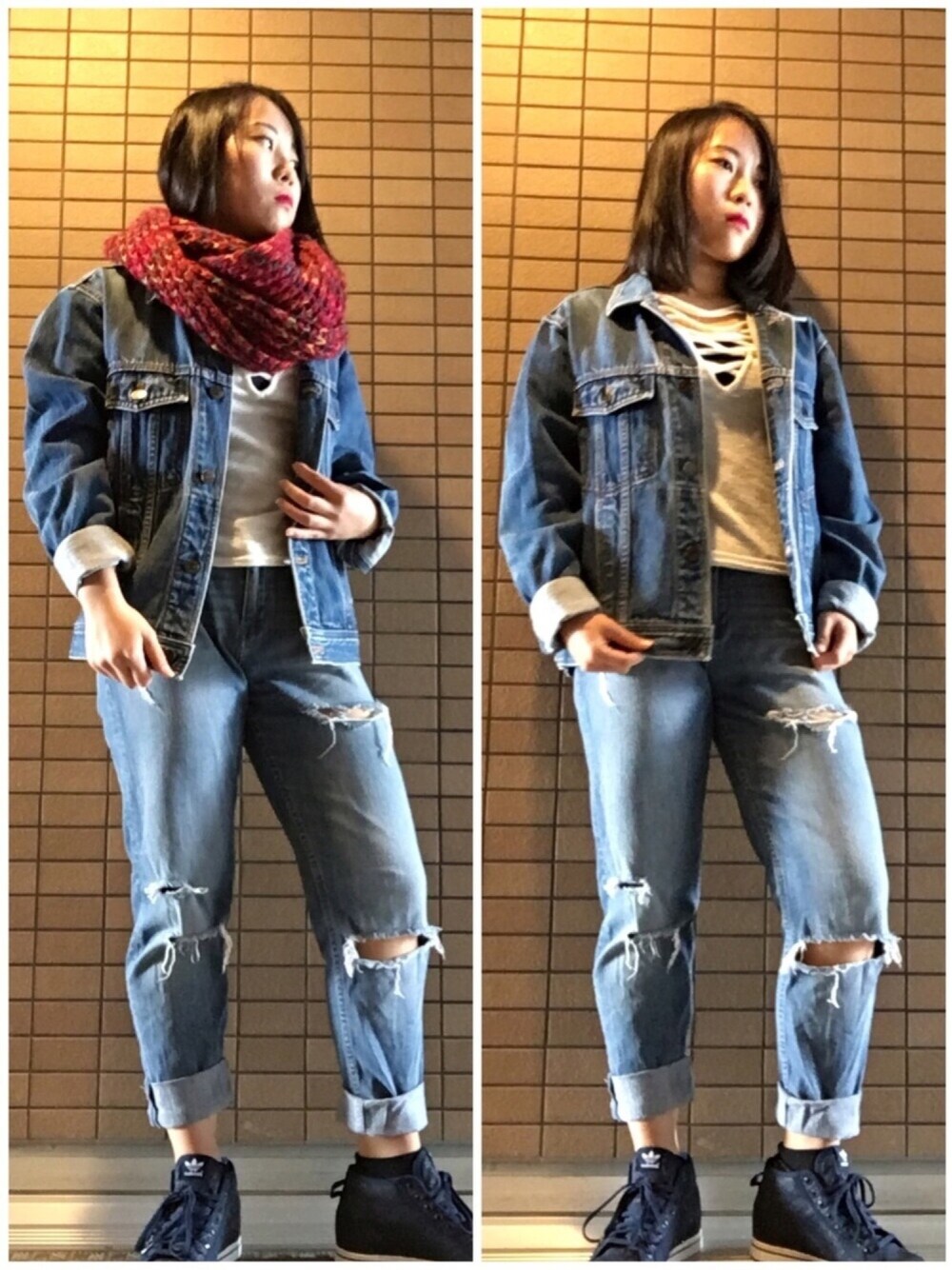 「カジュアル、denim on denim、デニム、winter、outfit、プチプラ、オーバーサイズ」｜「H&Mのアイテム（デニムパンツ、ブルー系）」を使った、つづき。さん（レディース・153cm）の冬コーディネートの1枚目の写真