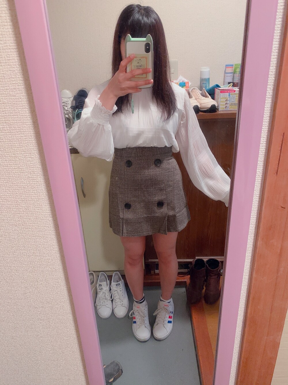 「夢展望のアイテム（シャツ/ブラウス、ホワイト系）」を使った、☺︎❁︎marin❁☺︎さん（レディース・149cm）の春コーディネートの1枚目の写真