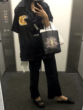 「韓国のアイテム（シャツ/ブラウス、ブラック系）」を使った、ぱてぃチャンさん（レディース・167cm）の夏コーディネート