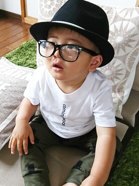 「韓国子供服のアイテム（Tシャツ/カットソー、ホワイト系）」を使った、RUIさん（キッズ・90cm）の夏コーディネート